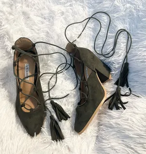 Olive Green Lace-Up ballerina Block pointed Heels thumbnail 1
