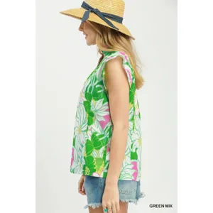 Umgee‎ Bold Floral Flutter Sleeve Top - Green Mix - Medium thumbnail 2