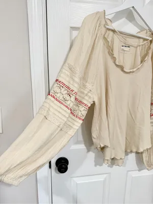 Free People We The Free Lace Sleeve Thermal Boho Peasant Top Cream Small thumbnail 5