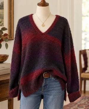 Natural Life XL Oversized Fuzzy V-Neck Sweater Burgundy Purple Wool Blend thumbnail 1