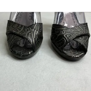 Franco Sarto Womens 6M Black Silver Metallic Embossed Ankle Strap Peep Toe Heels thumbnail 3