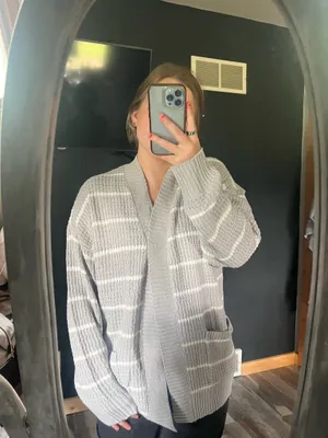 American Eagle Grey and White Striped Cardigan thumbnail 2