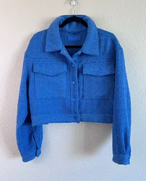 Blank NYC Women's Bright Blue Tweed‎ Moto Boxy Cropped Jacket Pockets thumbnail 1