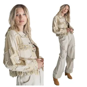 POL Patchwork Fringe Jacket Mixed Media Cropped Boho Raw Edge Button Front Small thumbnail 9