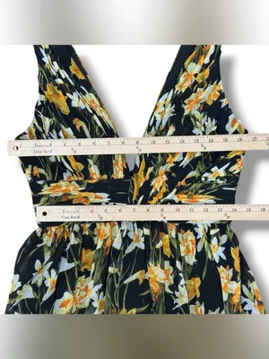 Aidan Mattox Floral Pleat V Neck Front Slit Formal Maxi Dress Black Yellow 8 thumbnail 14