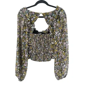 Free People Mabel Floral Printed‎ Ruched Smocked Crop Top Long Sleeve Blouse S thumbnail 2
