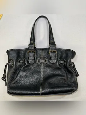 Dooney & Bourke Black Pebbled Leather Drawstring Satchel Bag Pink Gingham Lined thumbnail 3