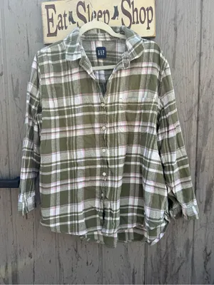 GAP Olive Green Plaid Button-Up Shirt thumbnail 1