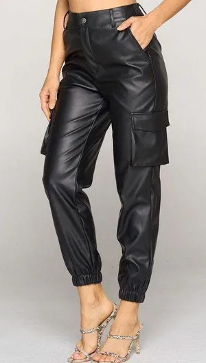 NWT Black Faux Leather Cargo Pants thumbnail 1