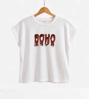 TopMark White "BOHO" Graphic Cap-Sleeve T-Shirt (Size L) thumbnail 2