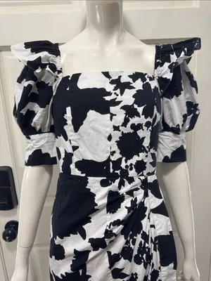 Christopher John Rogers 100% Cotton Black & White Puff-Sleeve Midi Dress Size 4 thumbnail 4