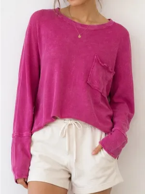 Altar’d State Pink Oversized Long Sleeve Acid Wash Size XL Ribbed Shirt Cotton thumbnail 1