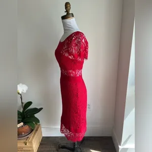 Nicole Miller Red Short Sleeve Combo Dress Midi Lace Illusion Size 0 thumbnail 5