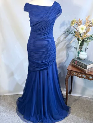 ☀️Tadashi Shoji Cobalt Blue Ruched Arymetric Draped Chiffon Evening Gown Sz 4🧡 thumbnail 12