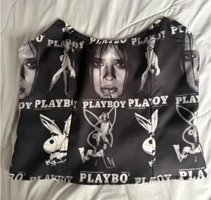 Black + white Playboy magazine print corset top size large runs small never worn #playboy #playboy #corset #croptop thumbnail 1