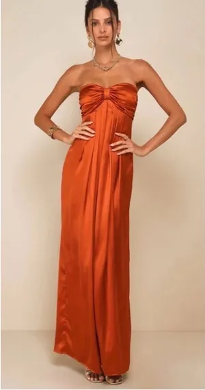Lulu's Strapless Satin Maxi Dress in Burnt Orange thumbnail 1