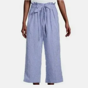 Joie Gingham Wide‎ Leg Cropped Pants Paperbag Waist Blue White Size L thumbnail 2