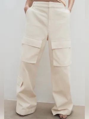 Zara Blogger Favorite Ecru Wide Leg Cargo Jeans Pants Size M thumbnail 4