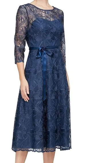 Alex Evenings Embroidered Floral Sheer Midi Dress Womens L Mother of the Bride thumbnail 1