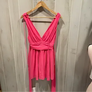 Cute bubblegum pink lucy in the sky babydoll flowy tie strings deep v top thumbnail 7
