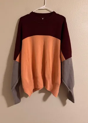Free People Colorblock Crewneck Sweater in Burgundy, Peach & Gray thumbnail 1