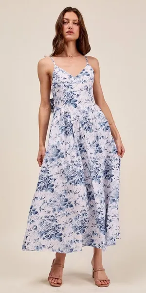 SO ME Floral Woven V Neck Dress With‎ Back Ribbon Tie - Medium thumbnail 1