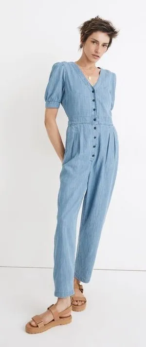 Madewell Blue Denim Jumpsuit Cotton Blend size‎ 0 Puff Sleeve Button Front thumbnail 1