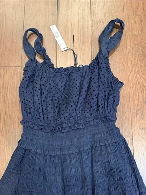 Elie Tahari Eyelet Smocked Midi Dress Navy Medium NWT thumbnail 6