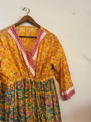 Women's Boho Ethnic Cotton Kurta Yellow Surplice Neck Maxi Dress thumbnail 3