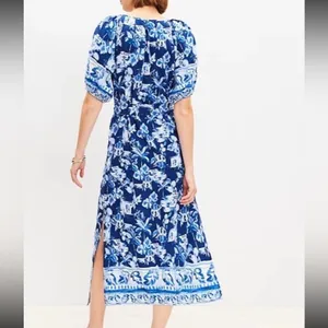 LOFT V-Neck Blue and White Floral Tie-Waist Maxi with slit sides. Size Small thumbnail 2