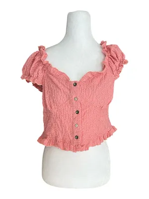 POL In Fair Verona Button Up Crop Top Pink‎ Eyelet Ruffle Cap Sleeve Small thumbnail 2