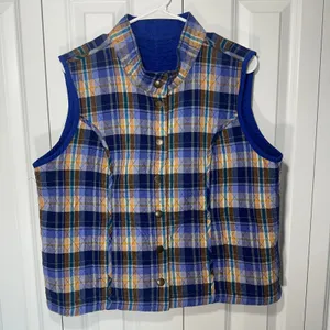 Quilted Reversible Vest Womens L Blue Plaid Grandmacore Eclectic Country Vintage thumbnail 3