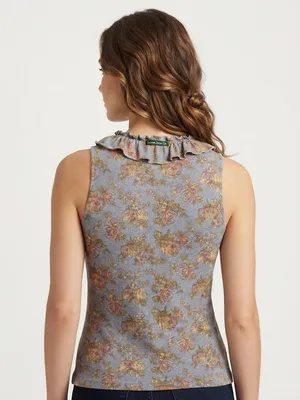 LAUREN JEANS CO. Ralph Lauren Floral Ruffle V-Neck Tank Top M 18” p2p Blue Multi thumbnail 7