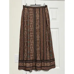 Peruvian Connection Brown Pima Cotton Tribal Print Pleated Maxi Skirt Size 6 thumbnail 2