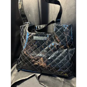 Michel Germain Black Patent Quilted Tote Bag Silver Logo Plaque Magnetic Snap thumbnail 3