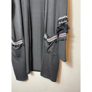 Hipster Row Embellished Duster Cardigan Black Open Front Fringe Sleeves SizeXL thumbnail 4
