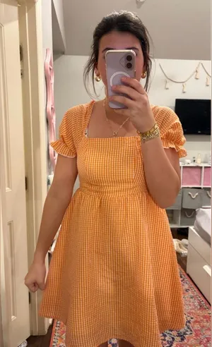 Orange Gingham Puff Sleeve Dress thumbnail 1