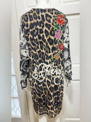 Ed Hardy Cheetah Print Mesh Bodycon Womens 2X Tattoo Logo Y2K 90s Sheer Dress thumbnail 6