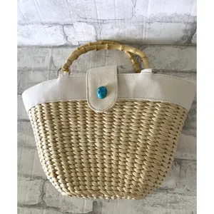 Unbranded Turquoise Straw Bamboo Handle Bag Lightweight Mini Snap Closure Yellow thumbnail 2