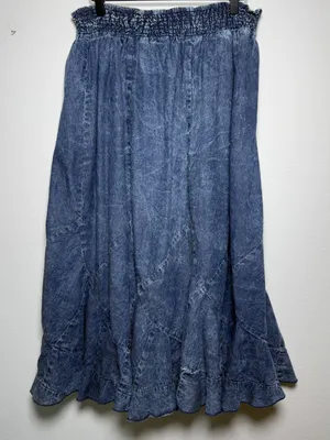 Reba Woman 100% Cotton Denim Chambray Skirt 2X Blue Acid Wash Smocked Western thumbnail 1