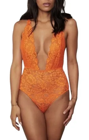 FREE PEOPLE x HAH Lace Bodysuit Sz XS Burn Orange Feminine Party Resort Boho NWT thumbnail 1