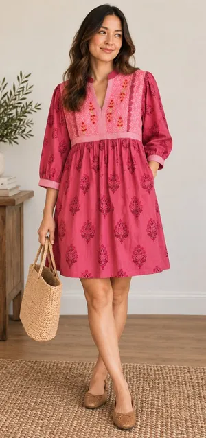 Pink Floral Midi Dress Women's Small Cottagecore Boho V-Neck Summer thumbnail 1