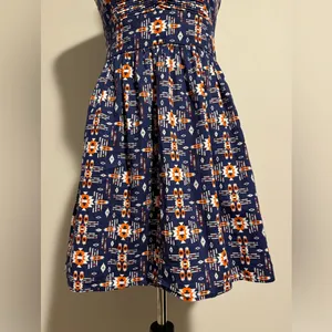 EUC BeBop Blue and Orange Aztec Print Strapless Babydoll Dress size medium thumbnail 3