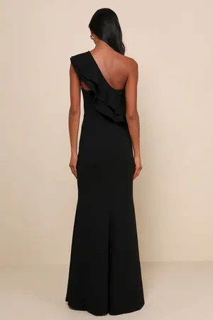 Lulus New Grand Beauty Black Ruffled One-Shoulder Mermaid Maxi Dress Size XS MSRP $89 thumbnail 4