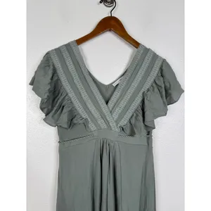 Baltic Born Jennifer Deep V Ruffle Maxi Dress Sage Green Boho Gown XS thumbnail 5