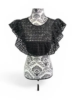 Urban Outfitters Eva Black Eyelet Ruffle Crop Top Sz-S thumbnail 1