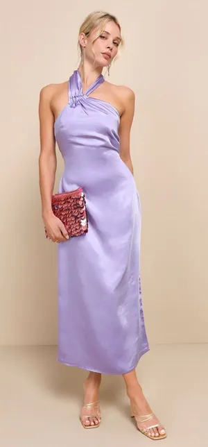 Lulus Perfectly Sleek Lavender Satin Halter Slip Midi Dress Holiday Extra Small thumbnail 1