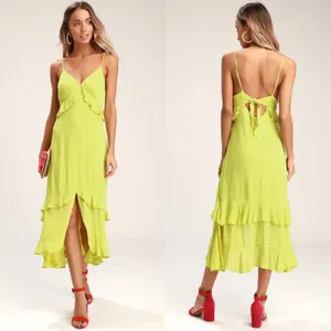 Lulus‎ Ruffle High-Low Midi Dress Women XS Chartreuse Lime Green Tie Back Boho thumbnail 2