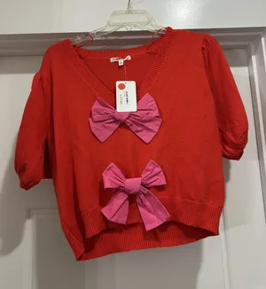 Lalavon Red Sweater w/ Pink Bows Festive Holiday Coquette Preppy Modest Sz Large thumbnail 1