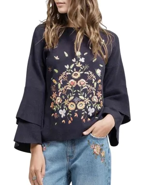 Blu Pepper Embroidered Bell Sleeve Sweater Boho‎ Navy Blue Floral Size Medium thumbnail 1